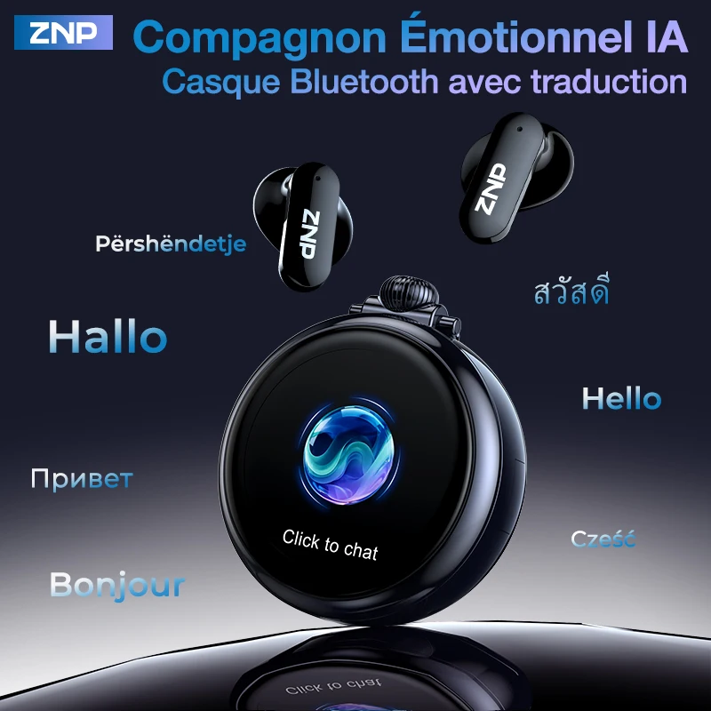 Nouveaux écouteurs traducteurs sans fil ZNP AI 2026, compagnon émotionnel, assistant de réunion, traduction en voyage, écouteurs Bluetooth N03