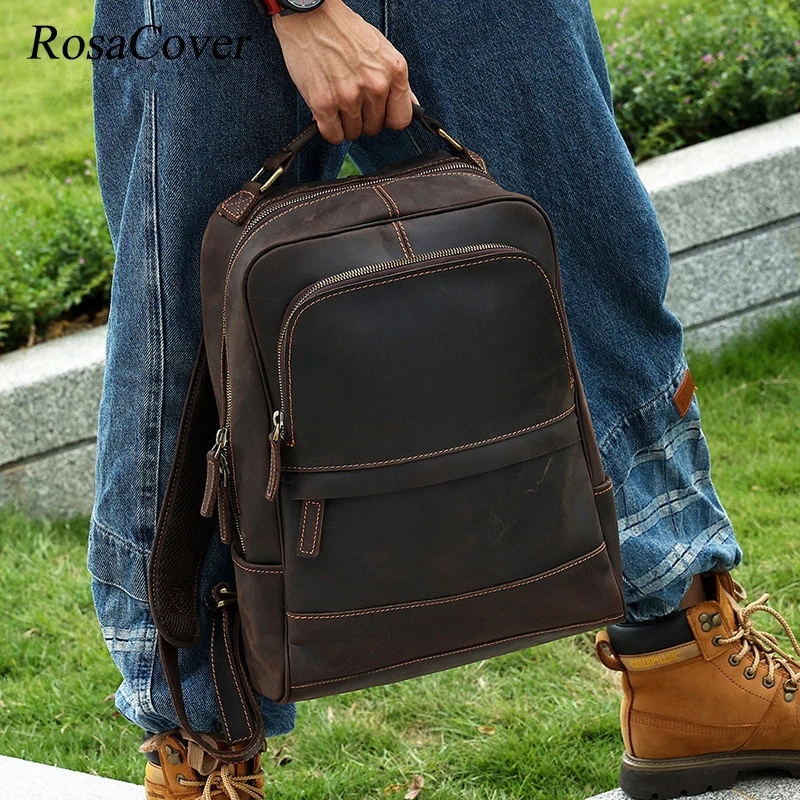 

Vintage Crazy Horse Leather Man's Backpack for 15.6" Laptop Rucksack Cowhide School Bag Casual Daypack Travel Backpack Mochilas