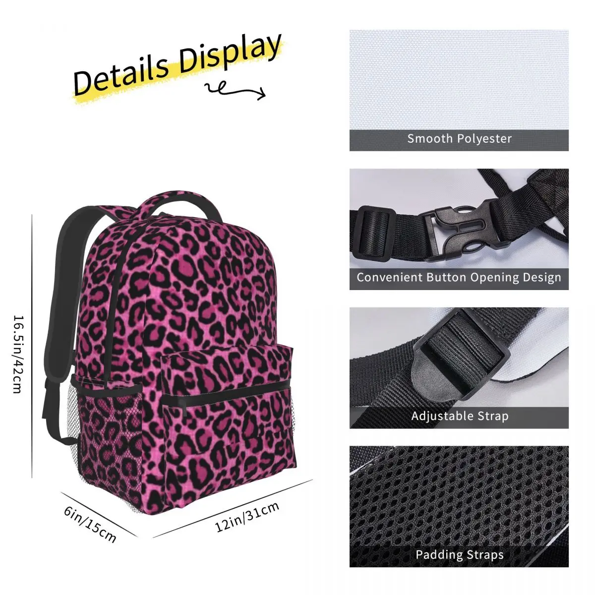 Funky Leopard Print Backpack Women Men Pink Black Spots Backpacks Polyester Cute School Bags Travel Designer Rucksack