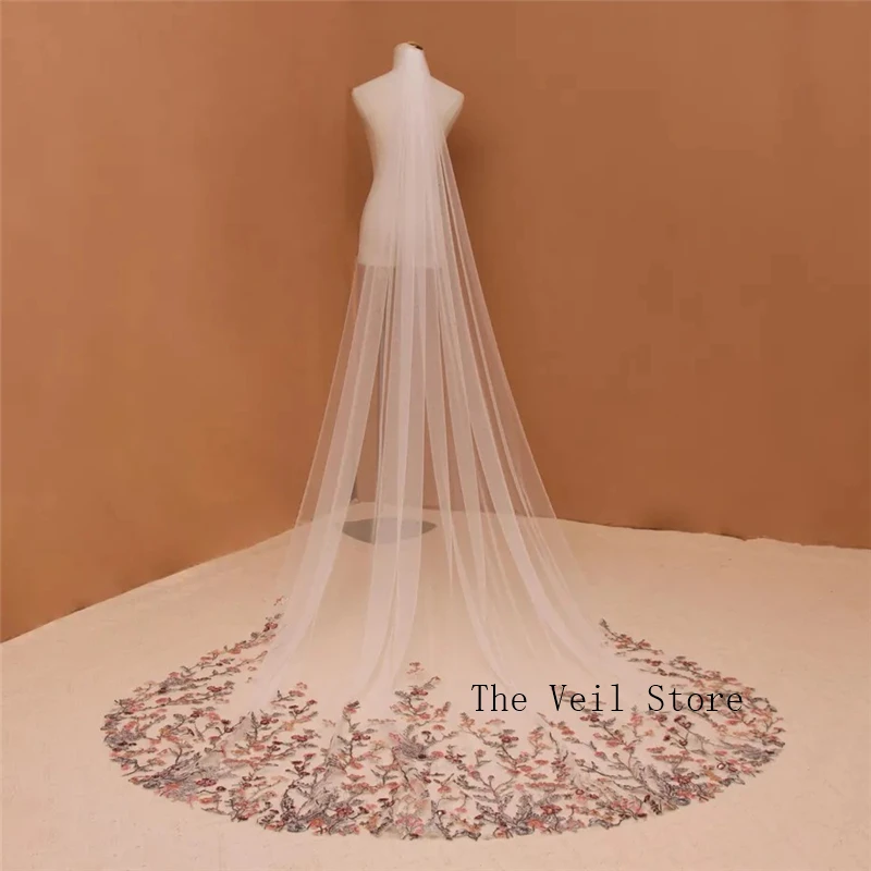 Wildflowers Floral Wedding Bridal Veils Cathedral Long Grey Red Yellow Colorful Embroidered Sequins Sparkly Lace Tulle For Bride