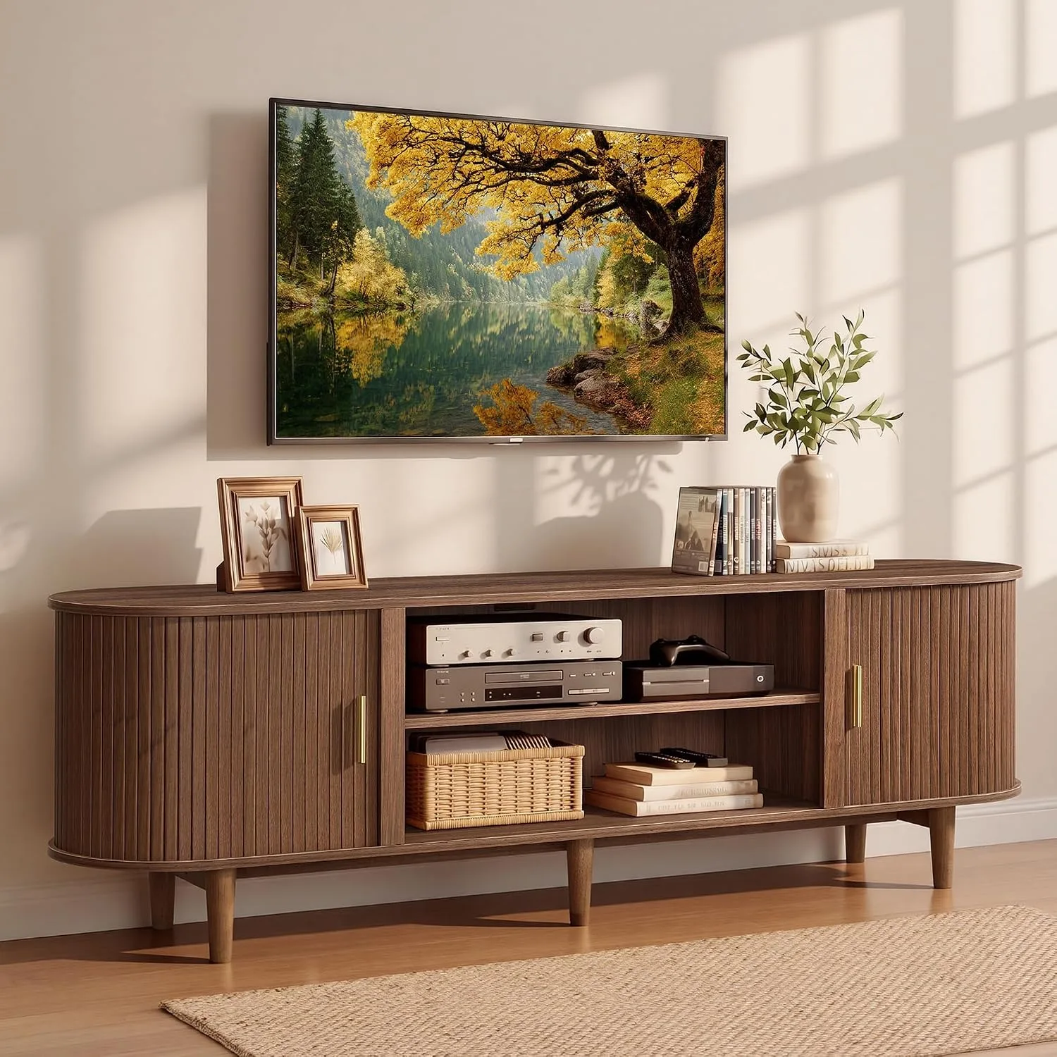 70 Inch TV Stand, Mid Century Entertainment Center with Storage