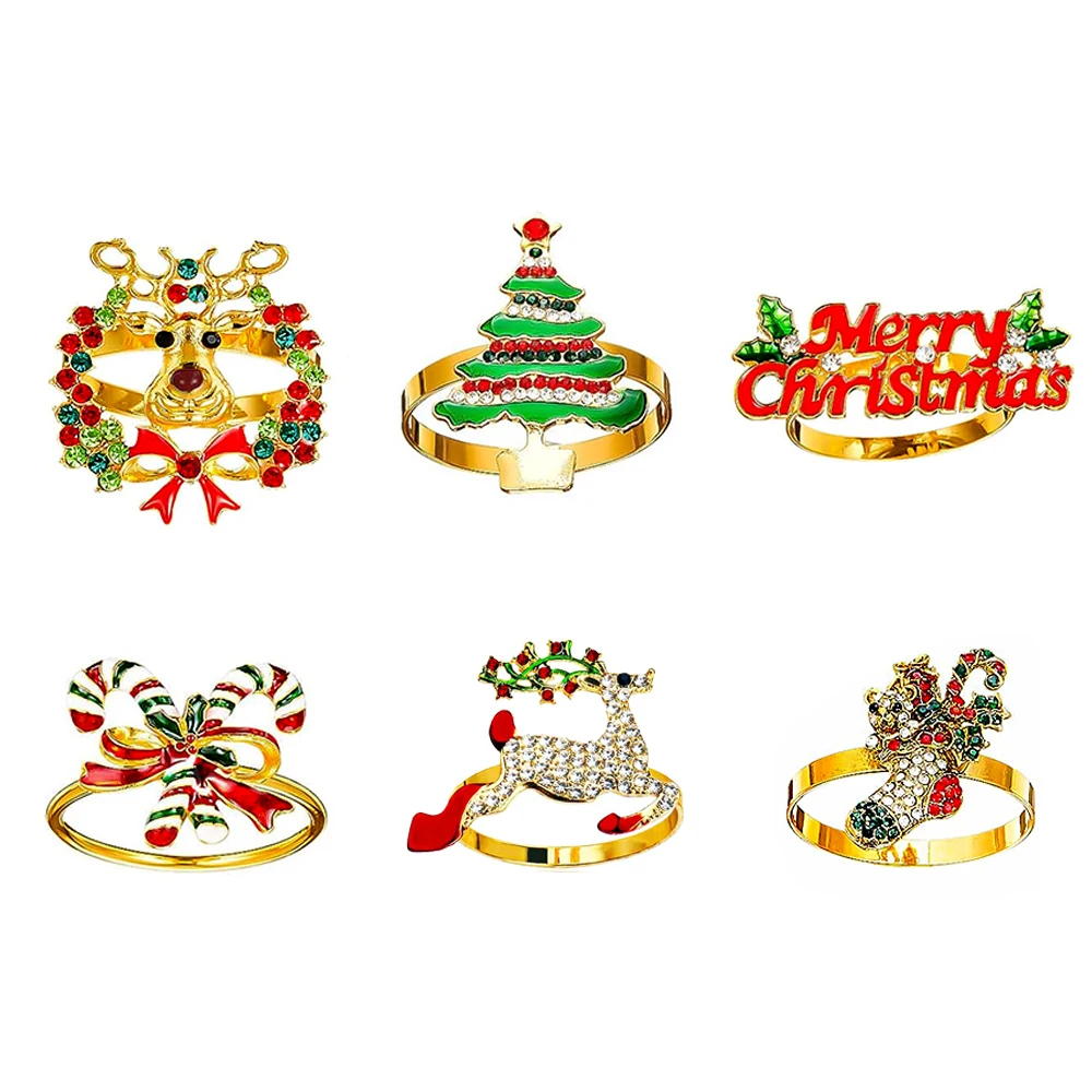 12pçs anéis mistos de guardanapo de natal, meias de árvore de natal, coroa de cana de doces, guardanapo de cervo, suporte para festa de natal,