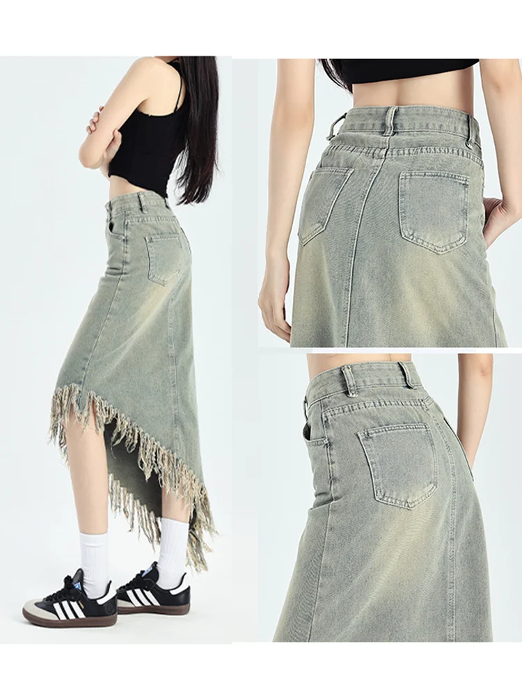 2024 Denim A-line Skirt Women's Slim Covering Crotch and Hip Covering Skirt Y2k New High Waist Slim Fashion Harajuku Instagram