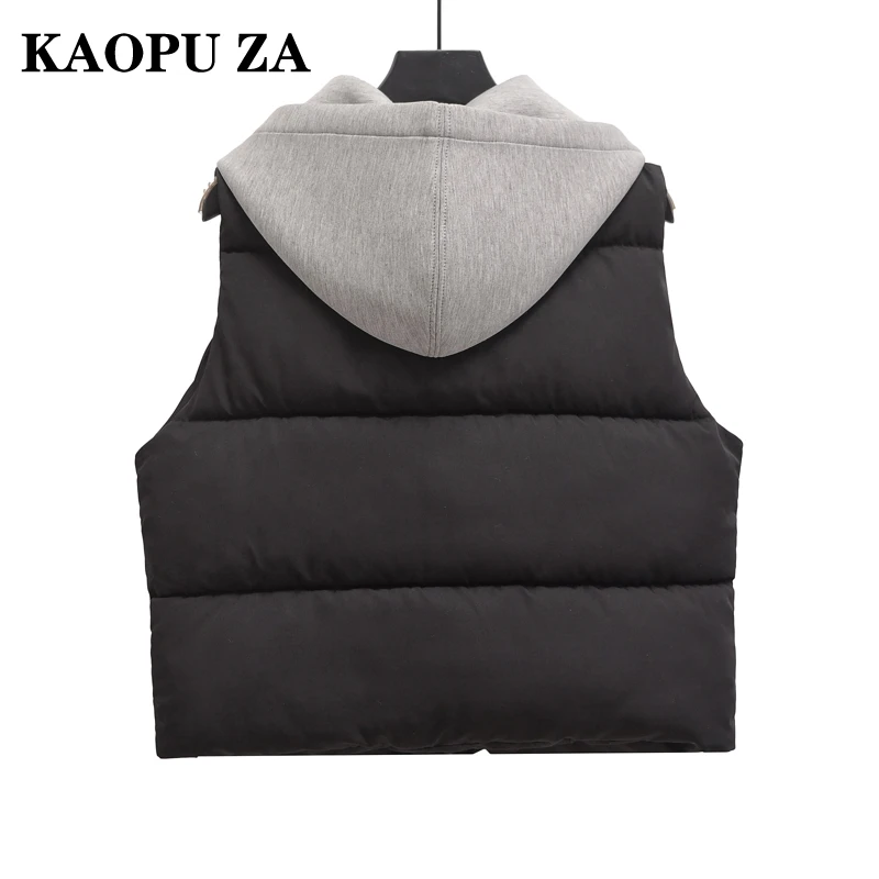 KAOPU ZA 2024 Autumn Lady Streetwear Detachable cap Collar Vest Gilet Sophisticated Woman Sleeveless Top Thick Waistcoat zipper