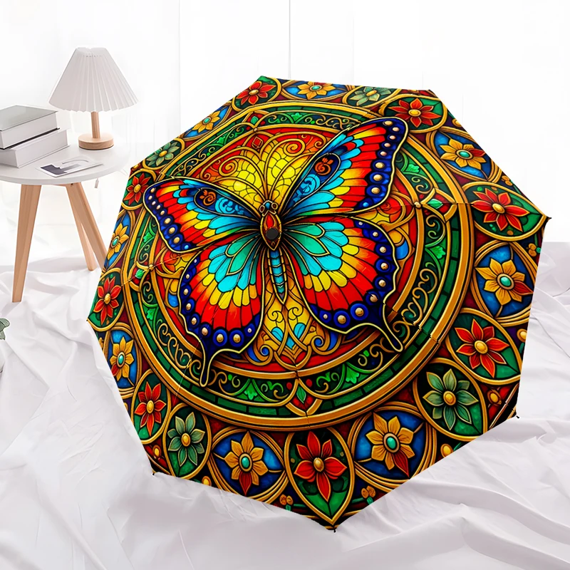 Butterfly Design Folding Umbrella - Fashionable Auto-Open Design 8 Iron Ribs Plastic Handle Foldable Sunshade，Perfect Gifts