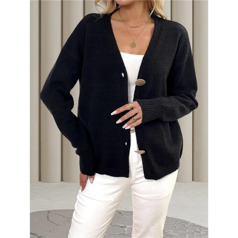 AAAF سترة البلوزات للنساء العصرية الخريف طويلة الأكمام الخامس الرقبة زر أسفل المتضخم مكتنزة متماسكة سترة ملابس خارجية