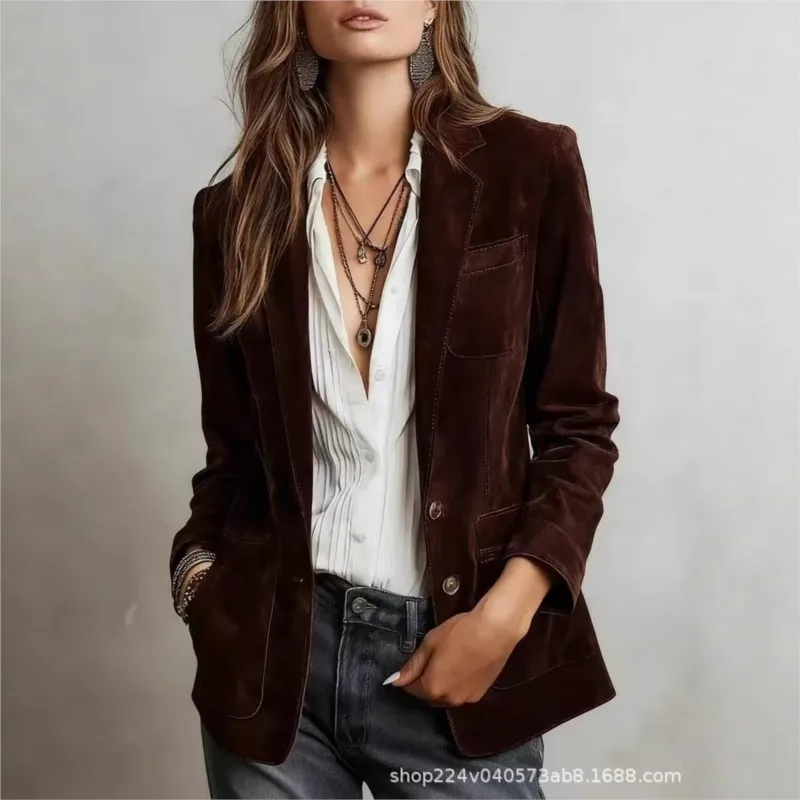 

Europe America Suede Jacket for Women 2025 Lapel Collar Single Breasted Long Sleeve Blazer Coat Female Casual Vintage Streetwear