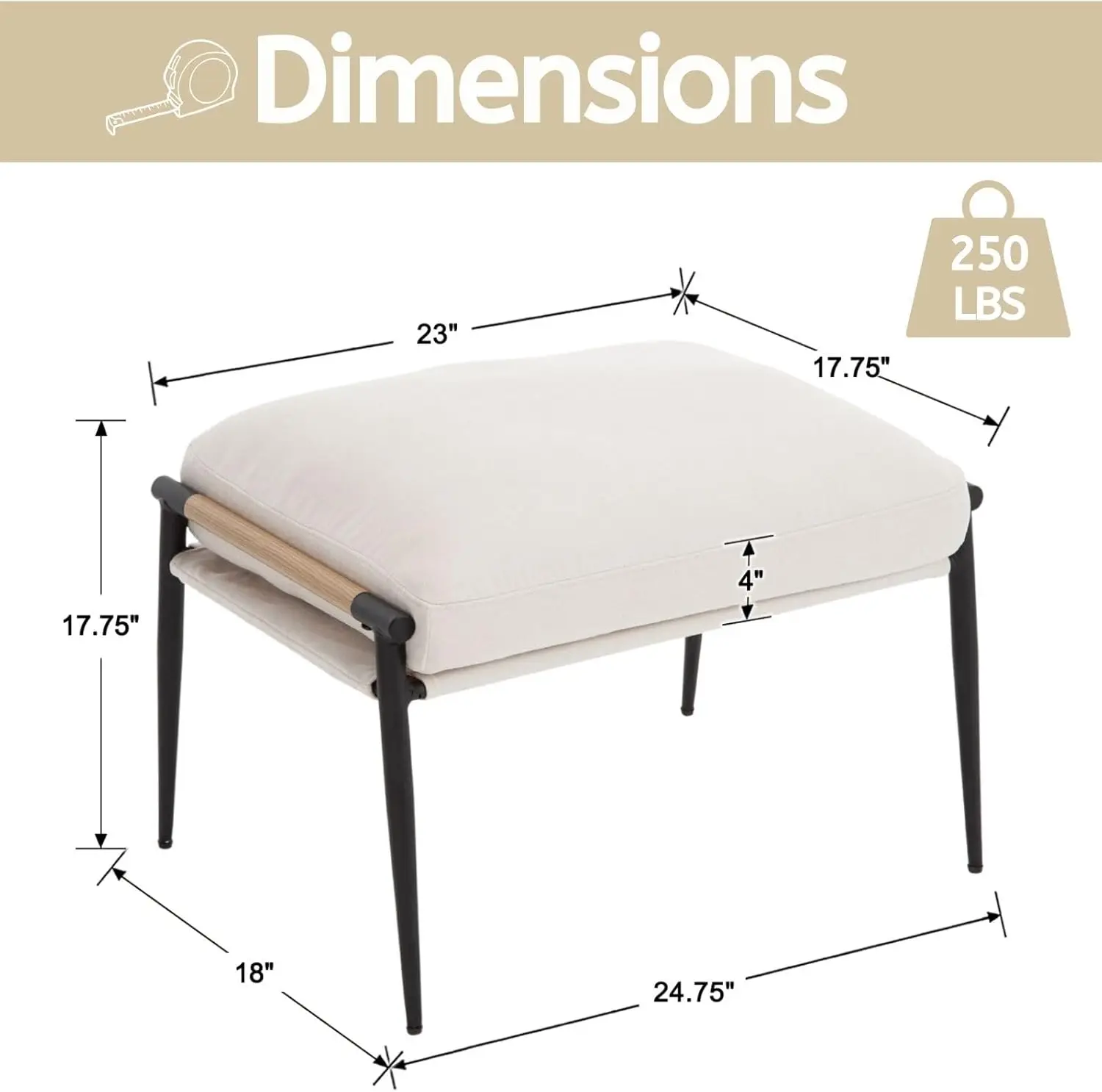 베이지 색상의 셔닐 풋스툴, 검정색 금속 다리와 나무 팔걸이, 거실이나 현관용 모던 오토만