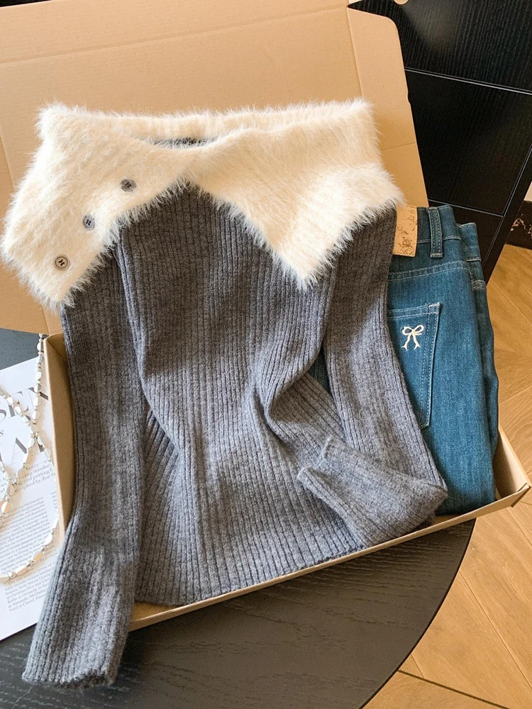 

Осенне-зимний плюшевый воротник с открытыми плечами, женский сексуальный темпераментный уникальный вязаный свитер с цветными блоками