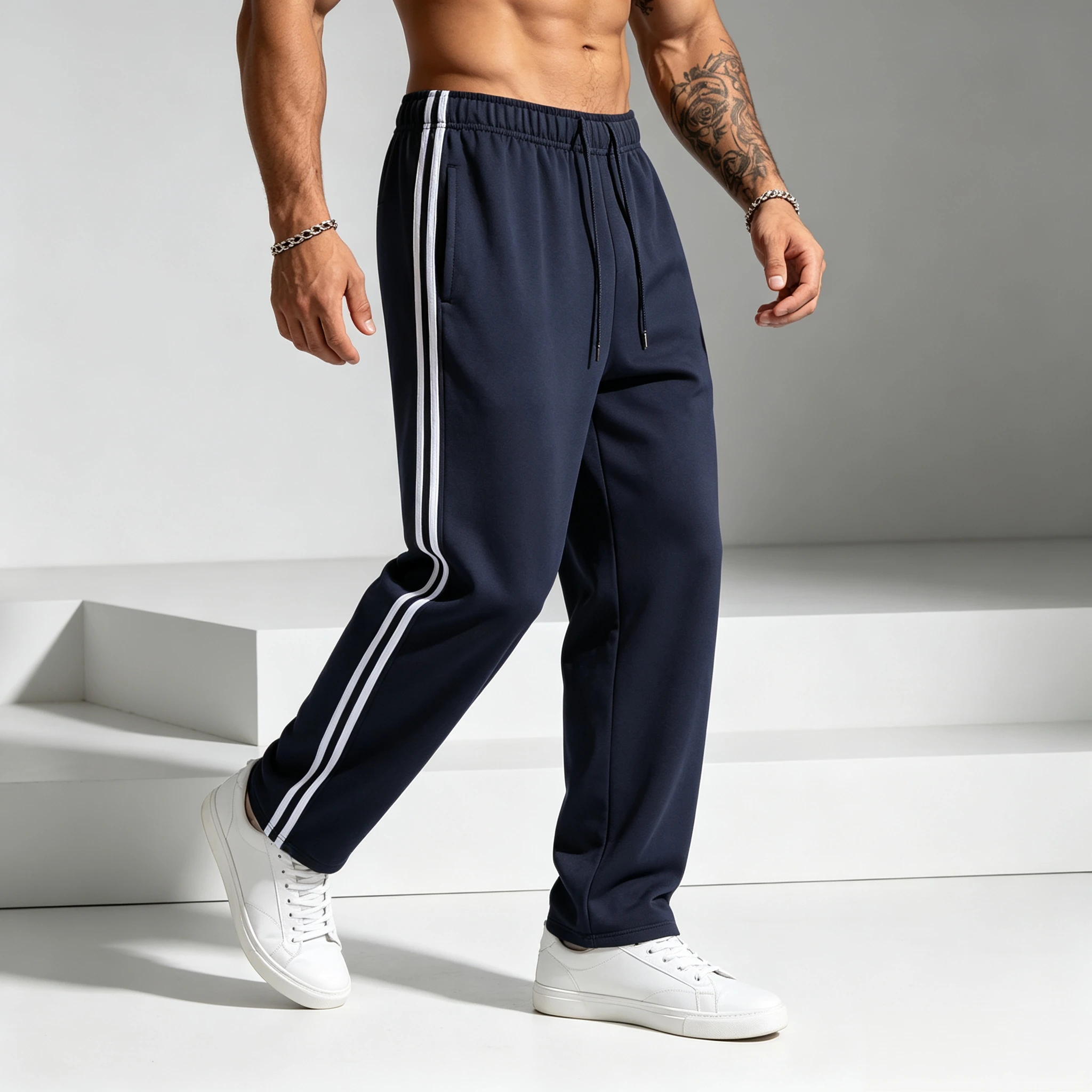 Herrenhose mit seitlichen Streifen, gerader Schnitt, Strickstoff, Fitness- und Jogginghose, Herrenhose mit elastischem Bund, Freizeitkleidung für den Frühling. – Detail 2