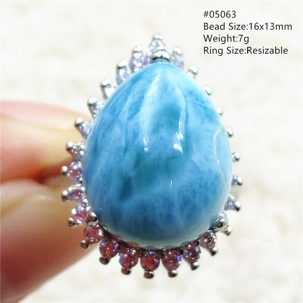 Natural Blue Larimar Adjustable Ring 925 Sterling Silver Larimar Gemstone Women Men Water Pattern AAAAA