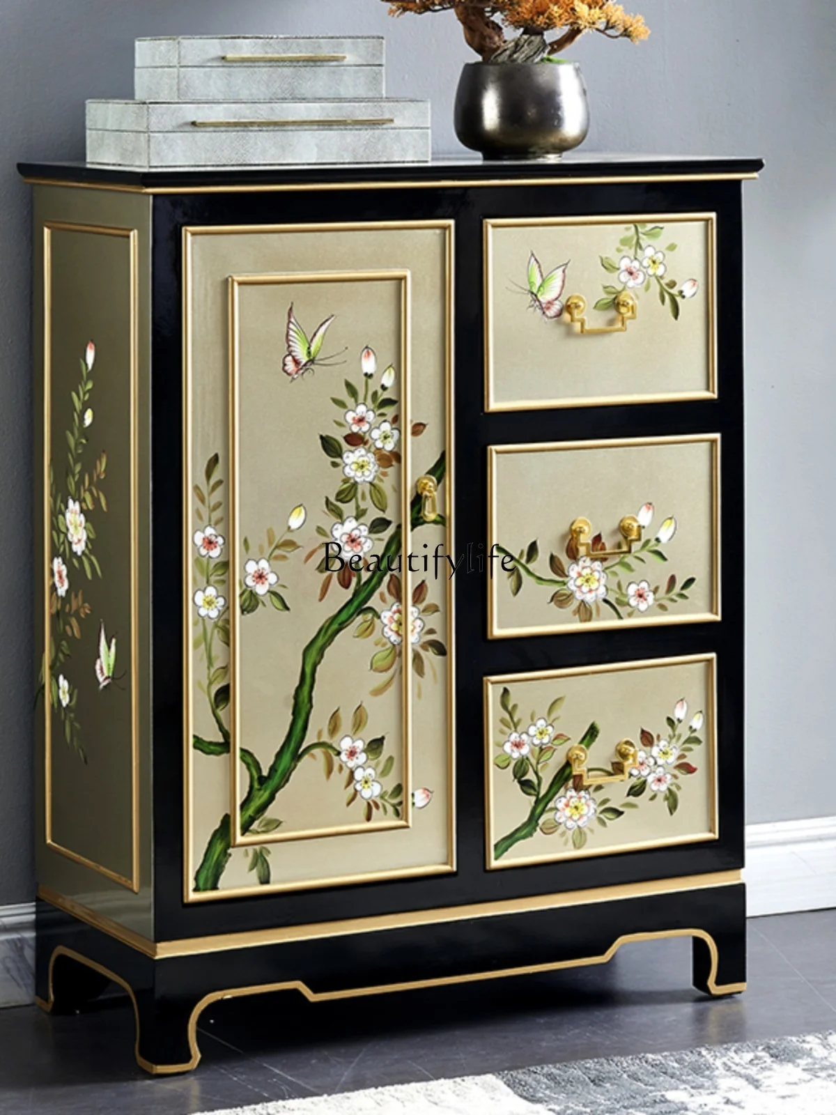 New Chinese Style Light Luxury Sideboard Cabinet Simple Modern Silver Foil Painted Solid Wood Porch Curio Cabinet