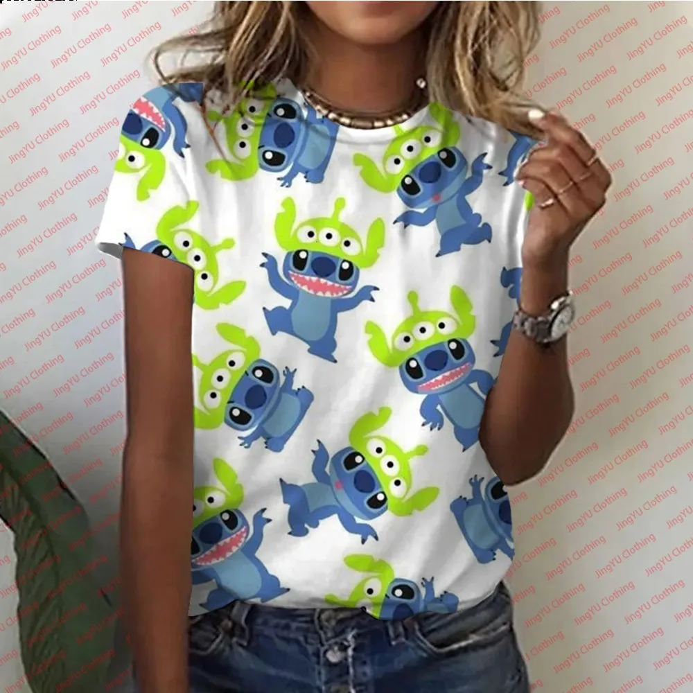 New Fashion Women's Short sleeved Round Neck T-shirt Four Seasons Disney Stitch Printed Loose Casual Short sleeved T-shirt