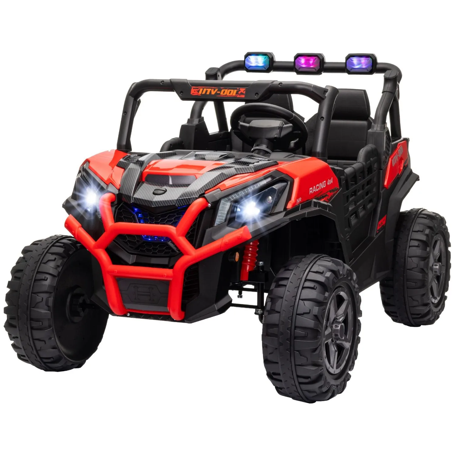 

Qaba 2 Seater 24V Kids Electric Car w/ Remote Control, 3 Speed, LED Lights, Music, Horn, Spring Suspension, Slow Start, Red