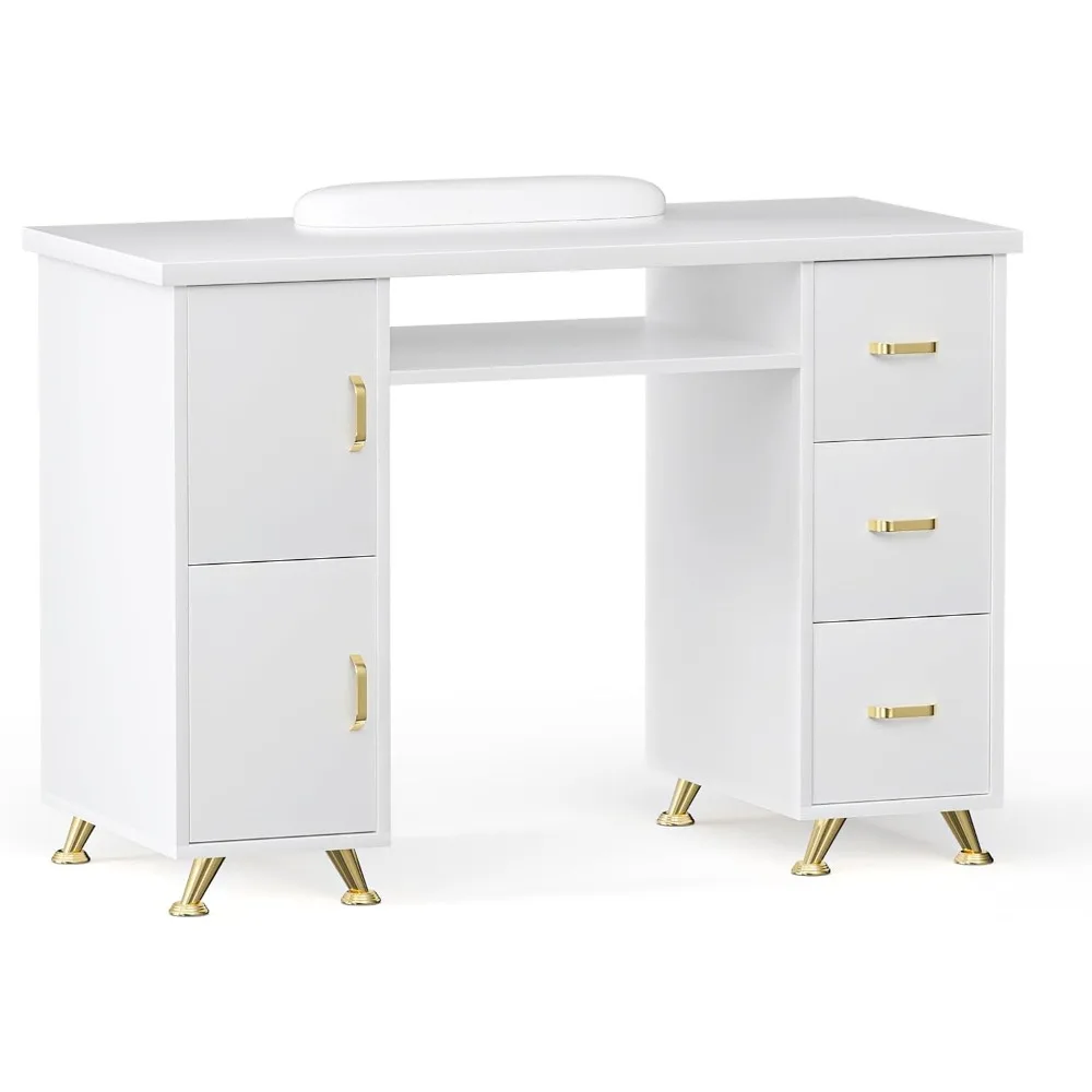 Golden Handles Manicure Table Nail Desk Station Acetone Resistant Nail Table for Nail Tech with Extended Drawers & Cabinets