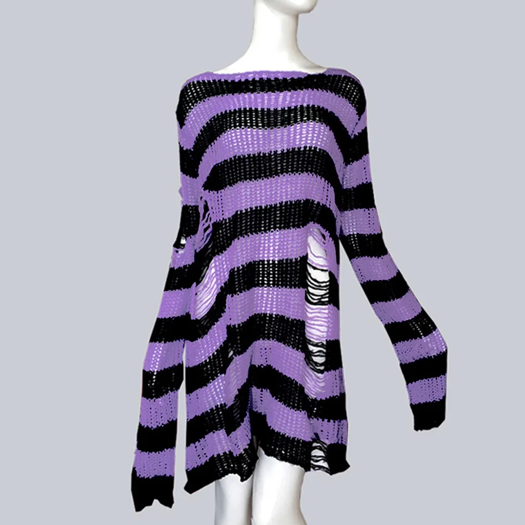 2025 Hole Tearing Y2k Medium to Long Length Sweater for Women and Couples, Striped Loose Casual Personalized Knitted Sweater - Image 2