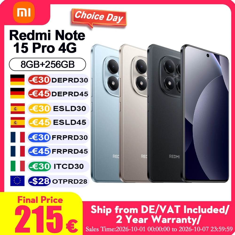 Versione Globale Redmi Note 15 Pro 4G Batteria da 6500mAh Fotocamera 200Mp con Massima Nitidezza Ricarica Inversa 18W Resistenza a Polvere e Acqua IP65