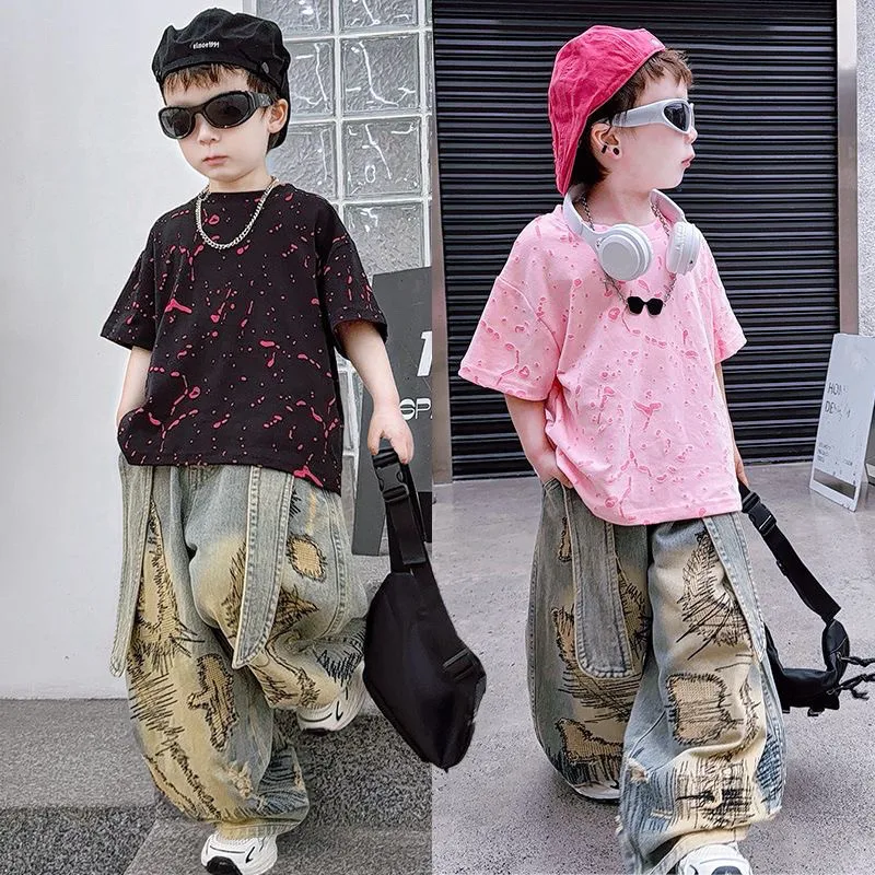 Boys Summer Set Fashion Children's Short Sleeve T-Shirt And Loose Jeans Two-Piece Set Korean StyleClothing for Kids