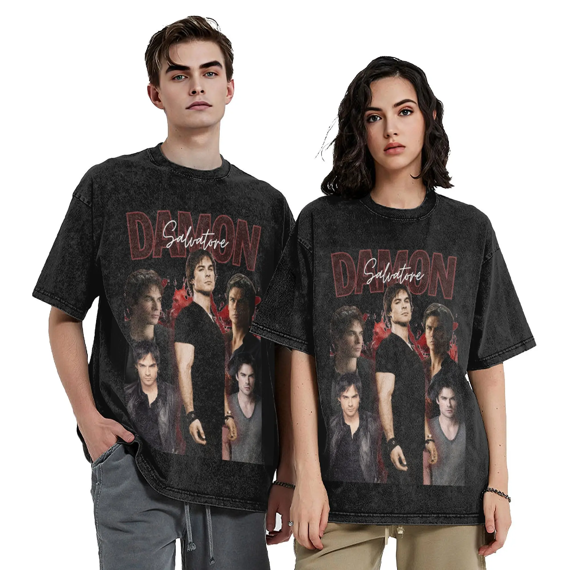 

Damon Salvatore The Vampire Diaries T Shirt Hip Hop Washed Harajuku T-Shirts Retro for Men Women Streetwear Printed Tee Shirt