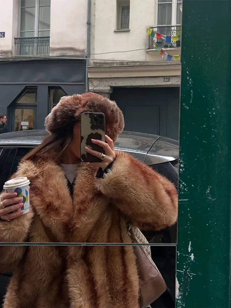 Retro pele do falso lapela engrossar casaco feminino casual impresso pelúcia único botão casacos feminino 2025 inverno clássico chique rua outwear