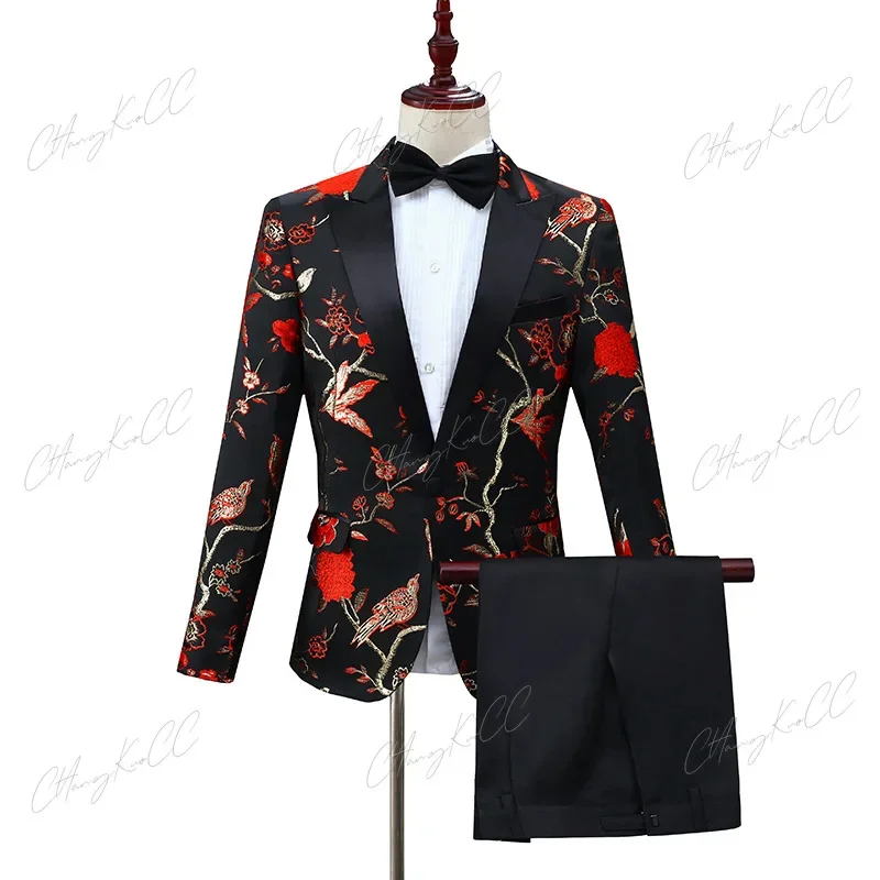 Men's Flower Suit Woodpecker Jacquard Open Lapel Slimfit Fashion Suit Banquet Business Performance MC Host Long Sleeve Coat Suit