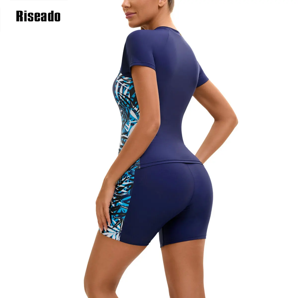 Riseado 2 Piece Tankini Set High Waist Swimsuit for Women Mock Neck Zipper Short Sleeve Bathing Suit