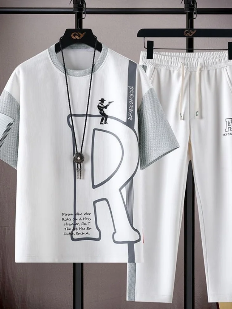 Summer Fashion Trendy Printed Short Sleeve T-Shirt Sports Set Men's Casual Loose Breathable High Quality Plus Size Two-Piece Set view 6