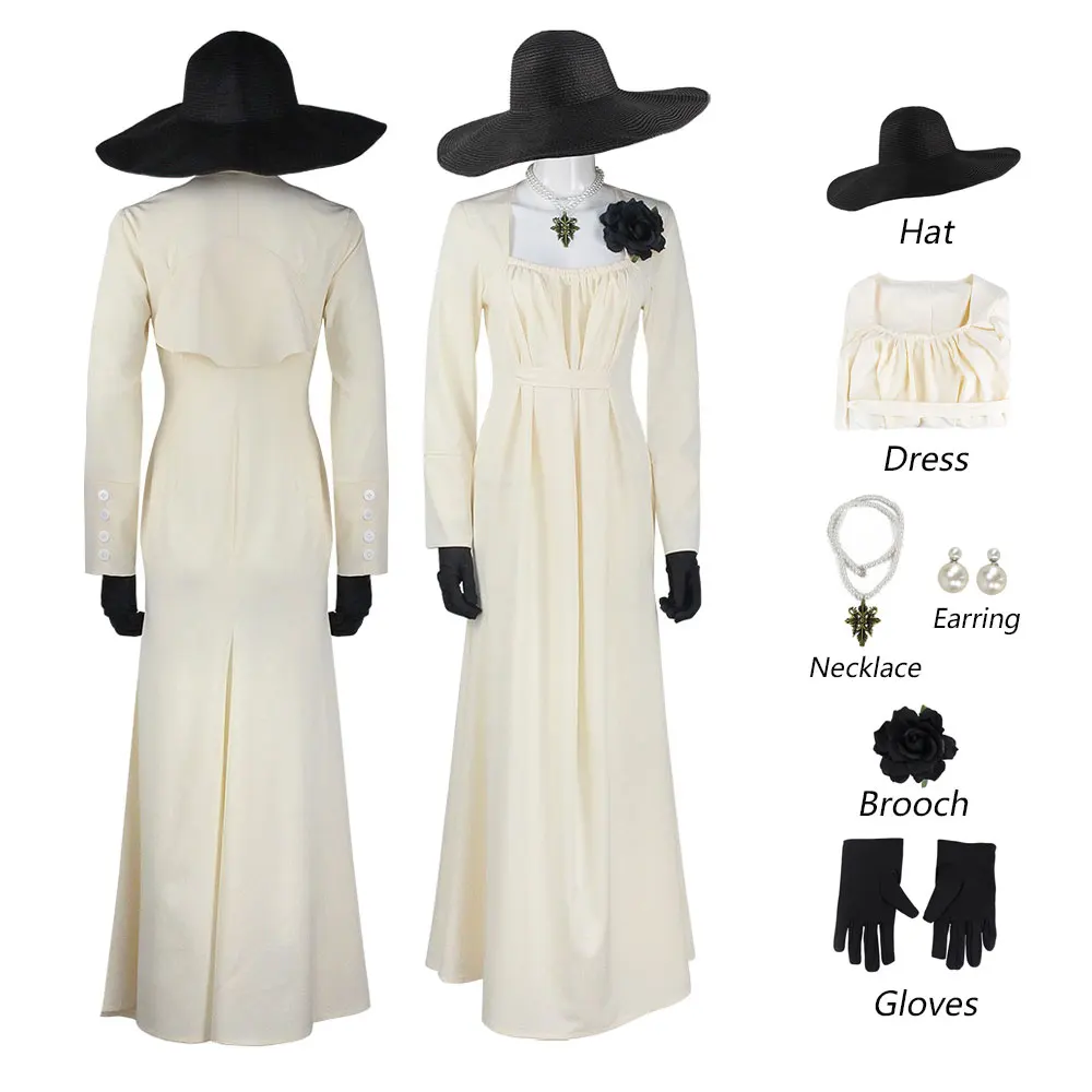 Spiel Vampire Lady Evil Village Alcina Dimitrescu Cosplay-Kostüm Gotisches Langes Kleid mit Hut Halloween-Party Bühnenkostüm