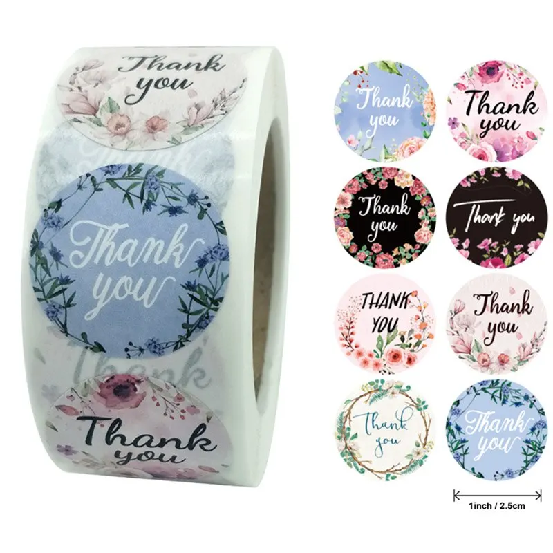 500pcs Roll Thank You Stickers Labels Stamps Round Floral Multicolor Envelopes Cute Closure Wedding Decoration