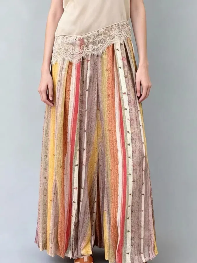 

Летние полосатые брюки-палаццо 2026 года, свободного кроя, с высокой талией, повседневные, тонкие, больших размеров, женская одежда, стройнящие, длинные