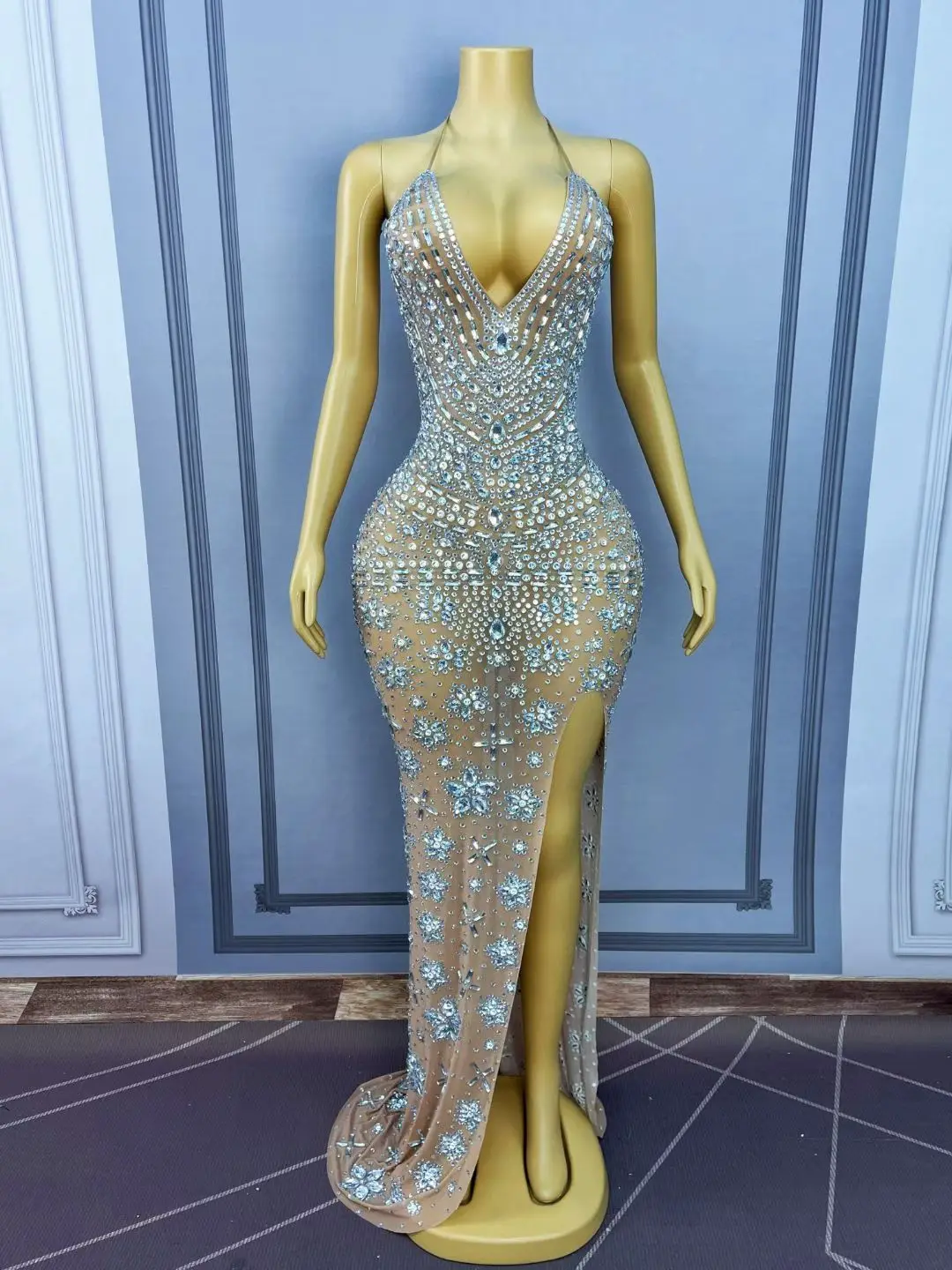 Xiaoxianghua تألق الفضة حجر الراين ثوب مسائي مثير الخامس الرقبة انظر من خلال شبكة الشق فستان المشاهير السجادة الحمراء فستان العشاء