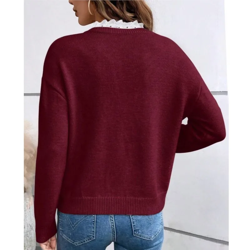 Women's Lace V-neck Long Sleeve Knitted Sweater Autumn Winter Warm Fashionable Solid Loose Knitwear for Women