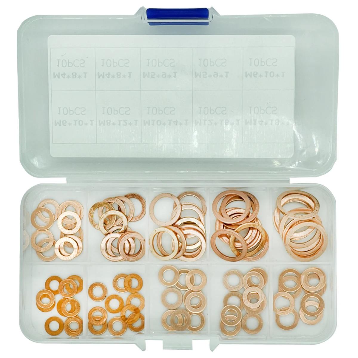 100Pcs Copper Washer Gasket Nut And Bolt Set Flat Ring Seal  Assortment Kit With Box M4/M5/M6/M8/M10/M12/M14 For Sump Plugs