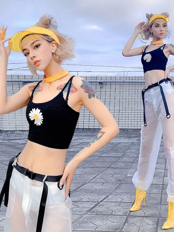 

Promotion Dance Costume Bar DS Performance Vest Strap Sexy Mesh Long Pants Women's Set Hip Hop Top Bottoms Stage Outfit