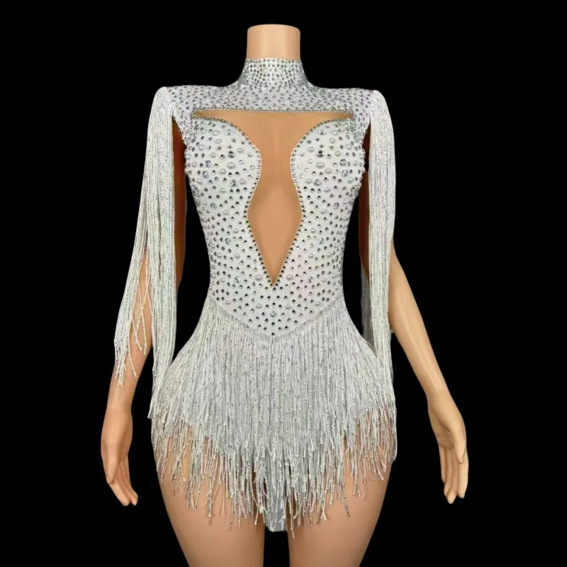 Body con nappe con strass blu Body sexy in rete da donna per spettacoli di danza, discoteca, body con frange per spettacoli di feste