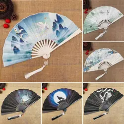 Double Sided Ancient Style Plastic Fans Dragon Fairy Crane Folding Fan Silk Fabric Chinese Style Dance Fan Hanfu Retro Fans Gift