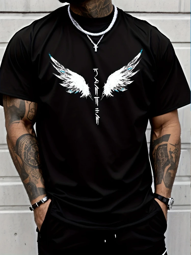 

Angel wings Japanese two-color printed pattern -100% cotton summer short-sleeved O-neck men's printed T-shirt.