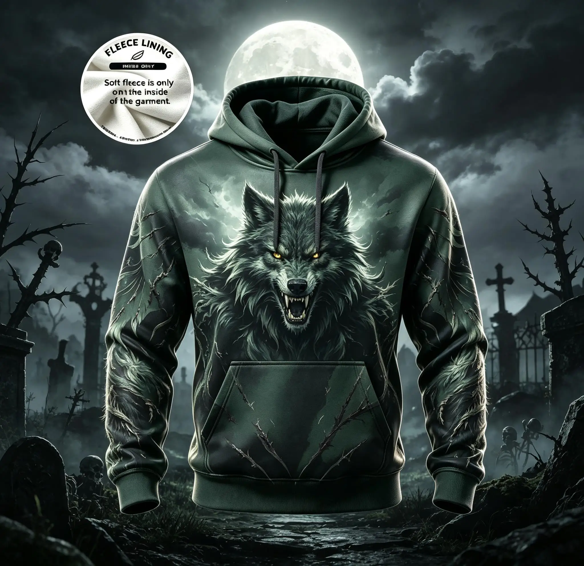Men Fleece Lined Hoodie Full Moon Werewolf Thorn Graveyard Print Pullover Halloween Sweatshirt