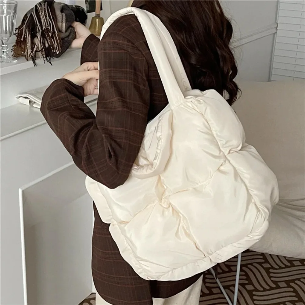 

New Nylon Cloth Puffy Shoulder Bag Large Capacity Quilted Down Feather Handbag Padded Soft Space Cotton Shopping Tote