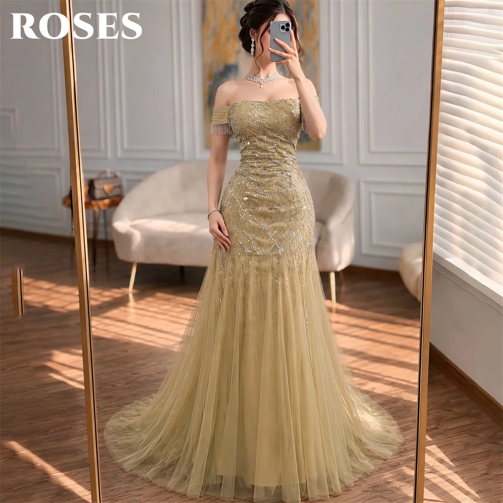 ROSES Ginger Party Dresses Off the Shoulder Short Sleeve Evening Dresses with Glitter Sequin فساتين السهرة Trumpet Customized