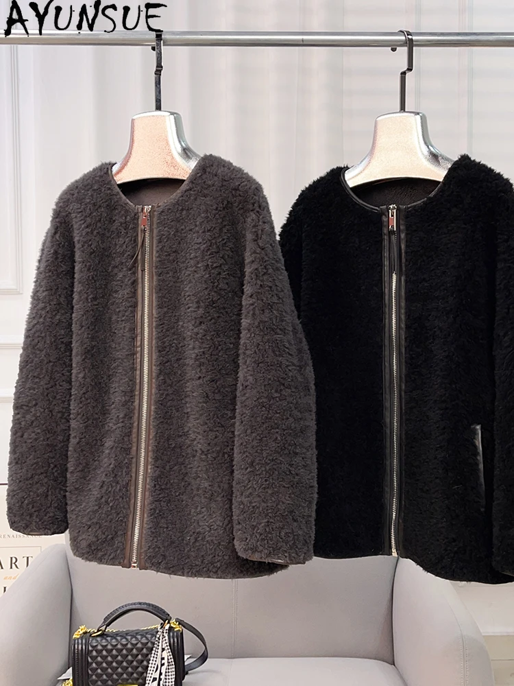 AYUNSUE 2025 Zima 100% Naturalna Wełna Damska Kurtka Modna Kurtka z Granulowanego Futra Jagnięcego Odzież Damska Wysokiej Jakości Abrigo Mujer