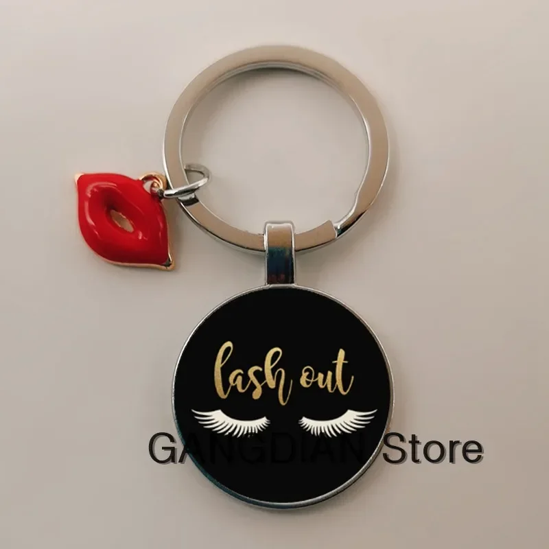 Ladies cute eyelash keychain fashion lipstick car bag jewelry DIY glass cabochon pendant keychain female school bag pendant gift