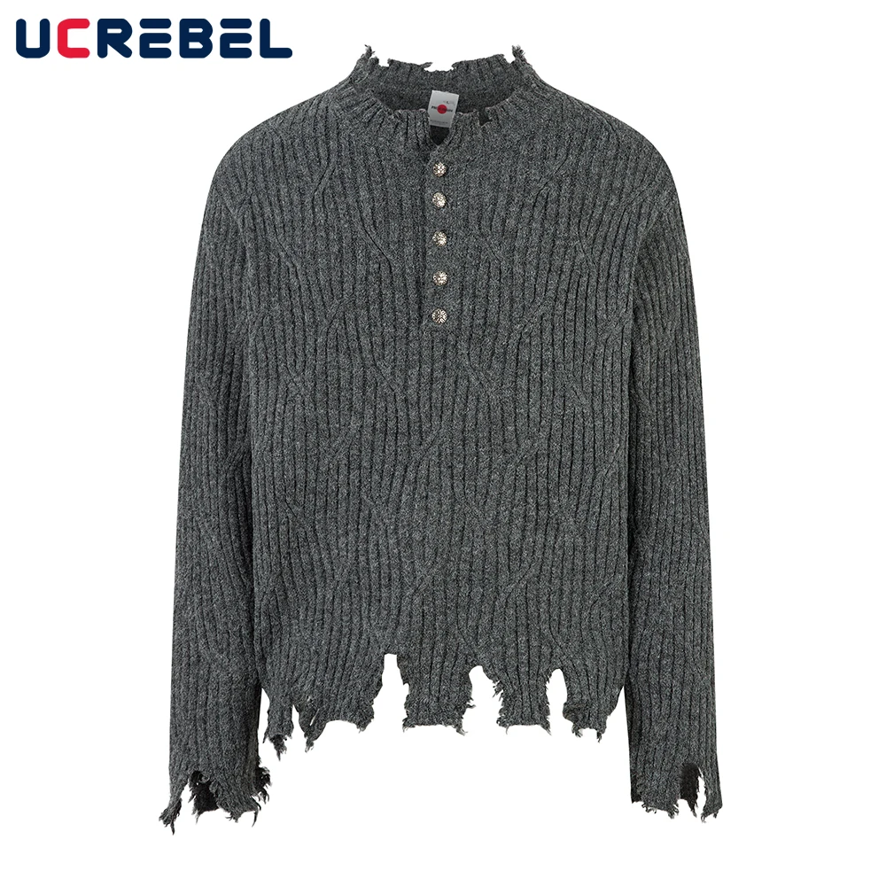 

Ripped Sweater Mens Button Decoration High Street Retro Autumn Loose Long Sleeve Knitted Pullover Man