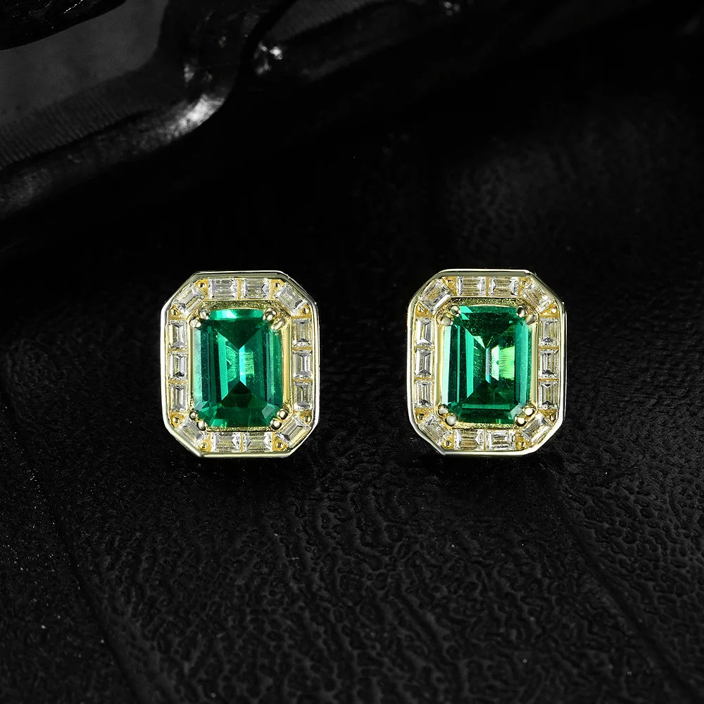 

New S925 silver 2ct rectangular 6 * 8 sapphire/emerald wood color versatile temperament earrings for wedding jewelry