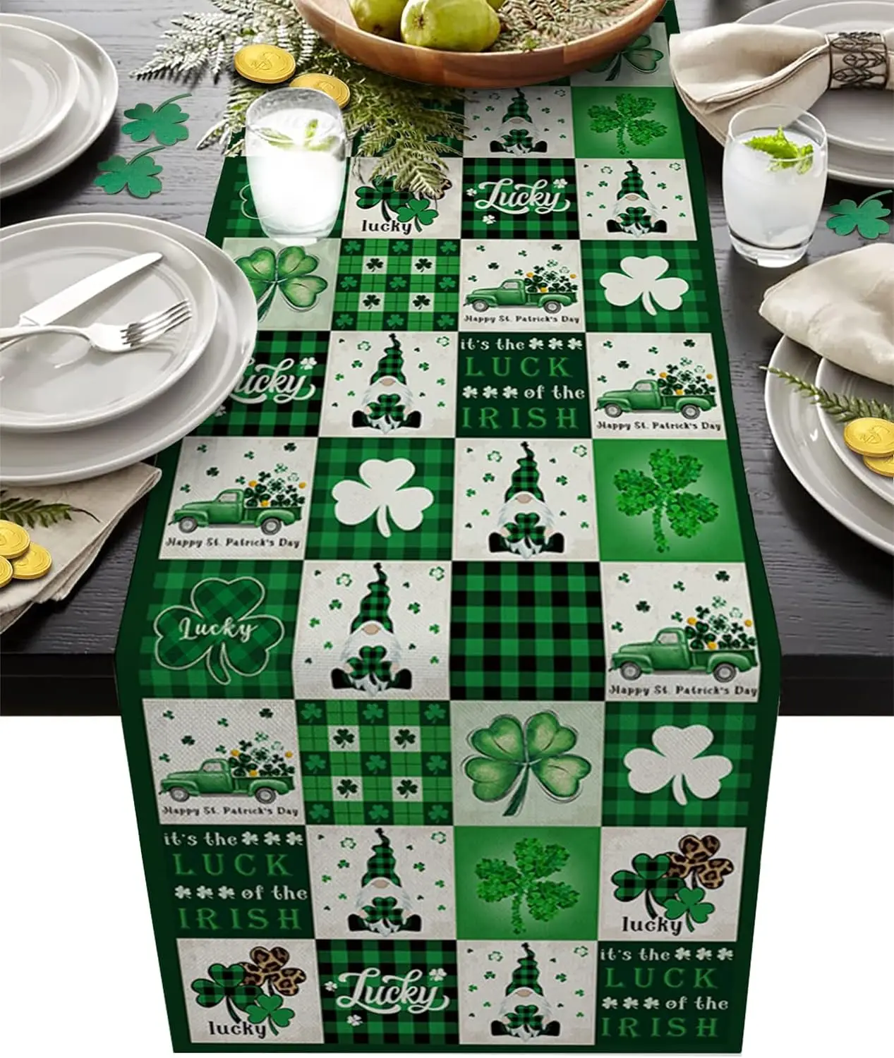 

St. Patrick's Day Clover Linen Table Runner Lucky Shamrock Truck Gnome Green Plaid Table Runner Dresser Scarves Home Party Decor