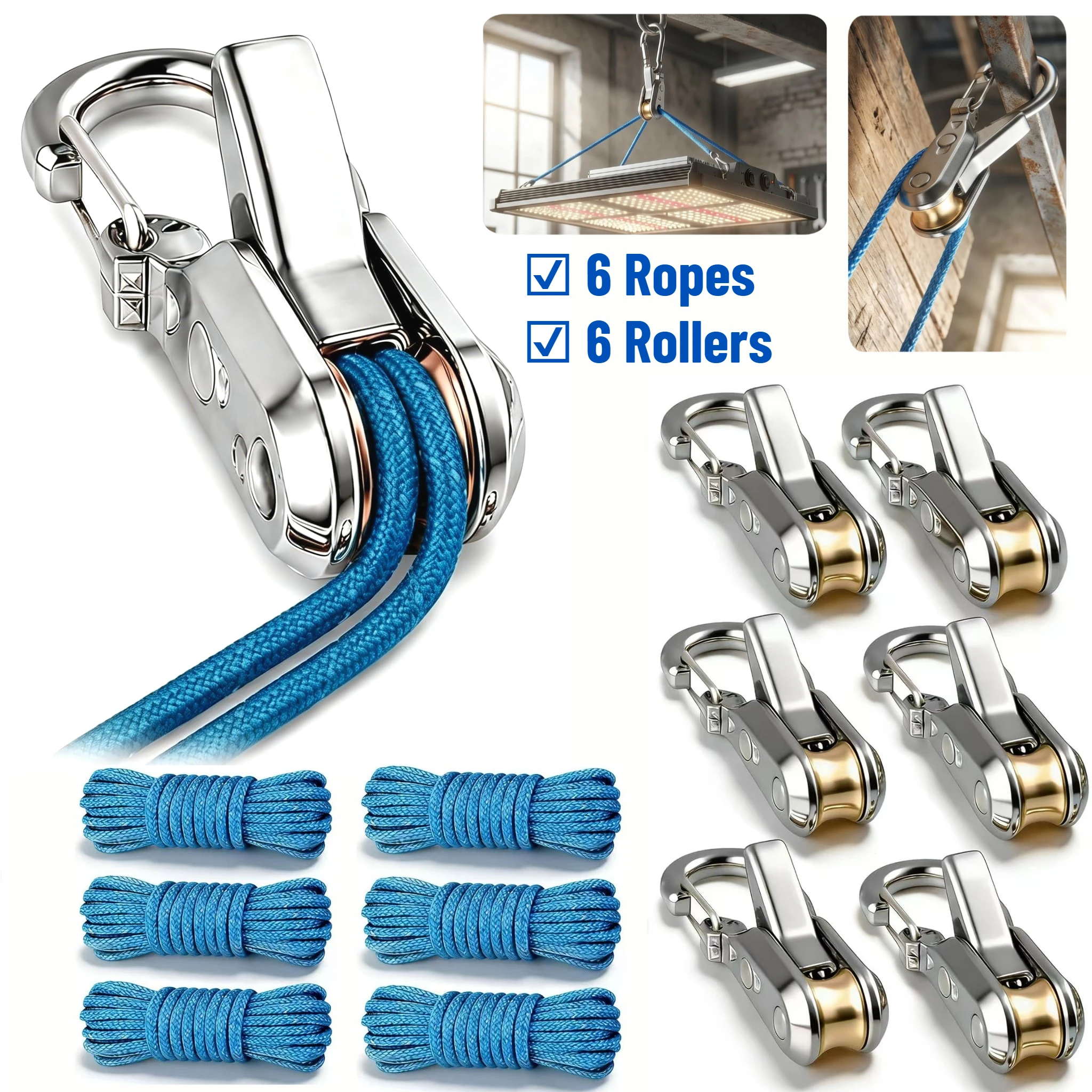 6 Sets Upgrade Rope Rollers Paracord Tensioner with Reflective Nylon Cord No Knot Needed Cinching for Camping Tarps Tent Boating