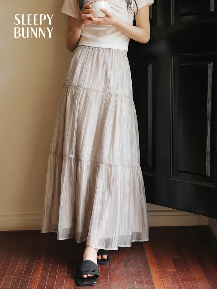 Pleated A-Line Skirt Women Summer High Waist Elastic Waistband Tiered Midi Skirt for Petite Elegant Flowy Slimming Style Skirt