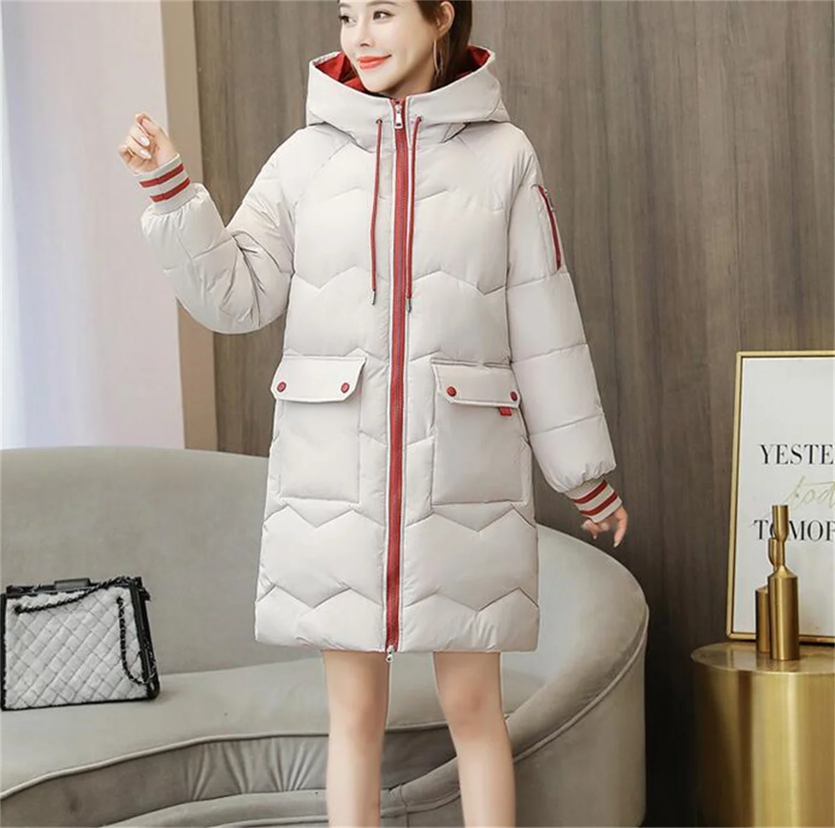 Women Winter Mid-length Quilted Coat Hooded Overcoat Thick Warm Jackets Contrast Pockets Fashion Parkas Casual Loose Down Jacket