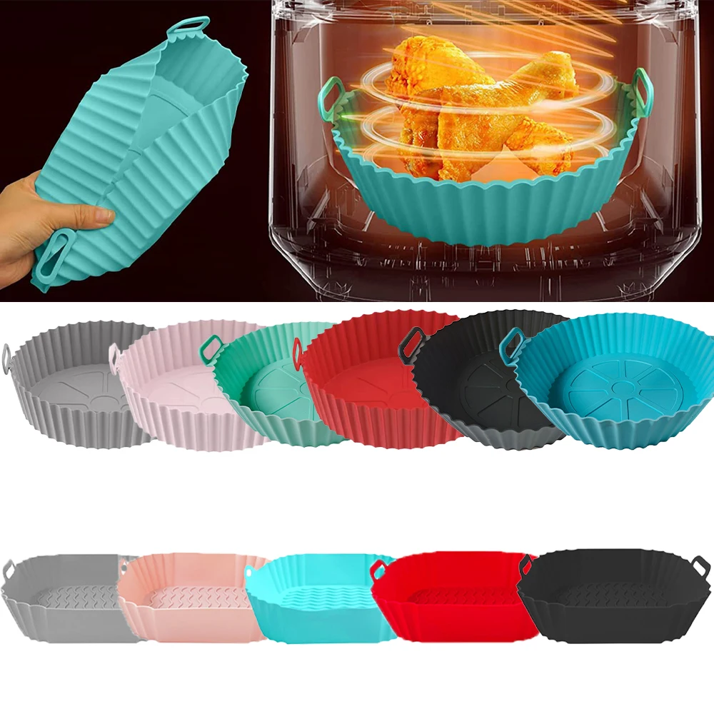 Silikon Air Fryer Backkorb Runde Liner Wiederverwendbare Airfryers Tablett Pizza Platte Gebratenes Huhn Ofen Grill Pfanne Matte Zugang