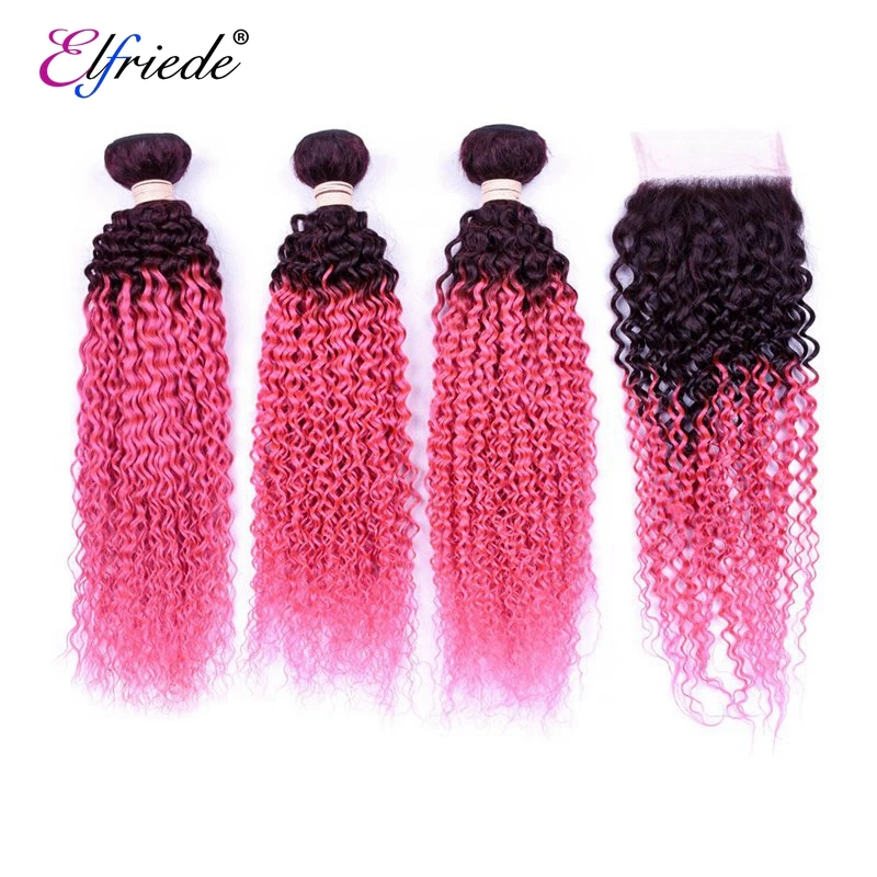 

Elfriede Ombre #1B/Rose Pink Kinky Curly Hair Bundles with Closure 100% Human Hair Sew In Wefts 3 Bundles with Lace Closure 4x4